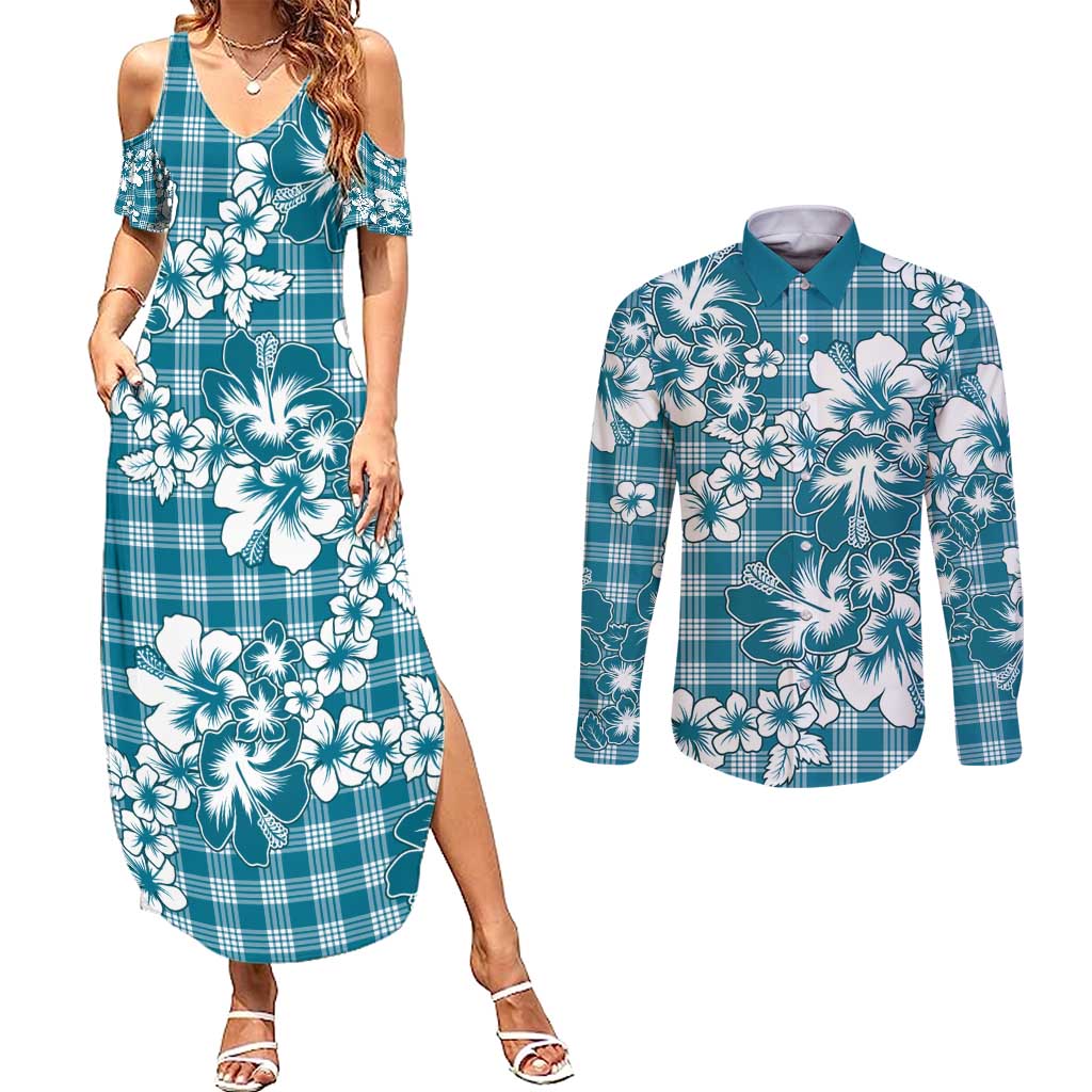 Hibiscus Pakala Ocean Depths Blue Couples Matching Summer Maxi Dress and Long Sleeve Button Shirt Tropical Floral Stylized - Polynesian Pride