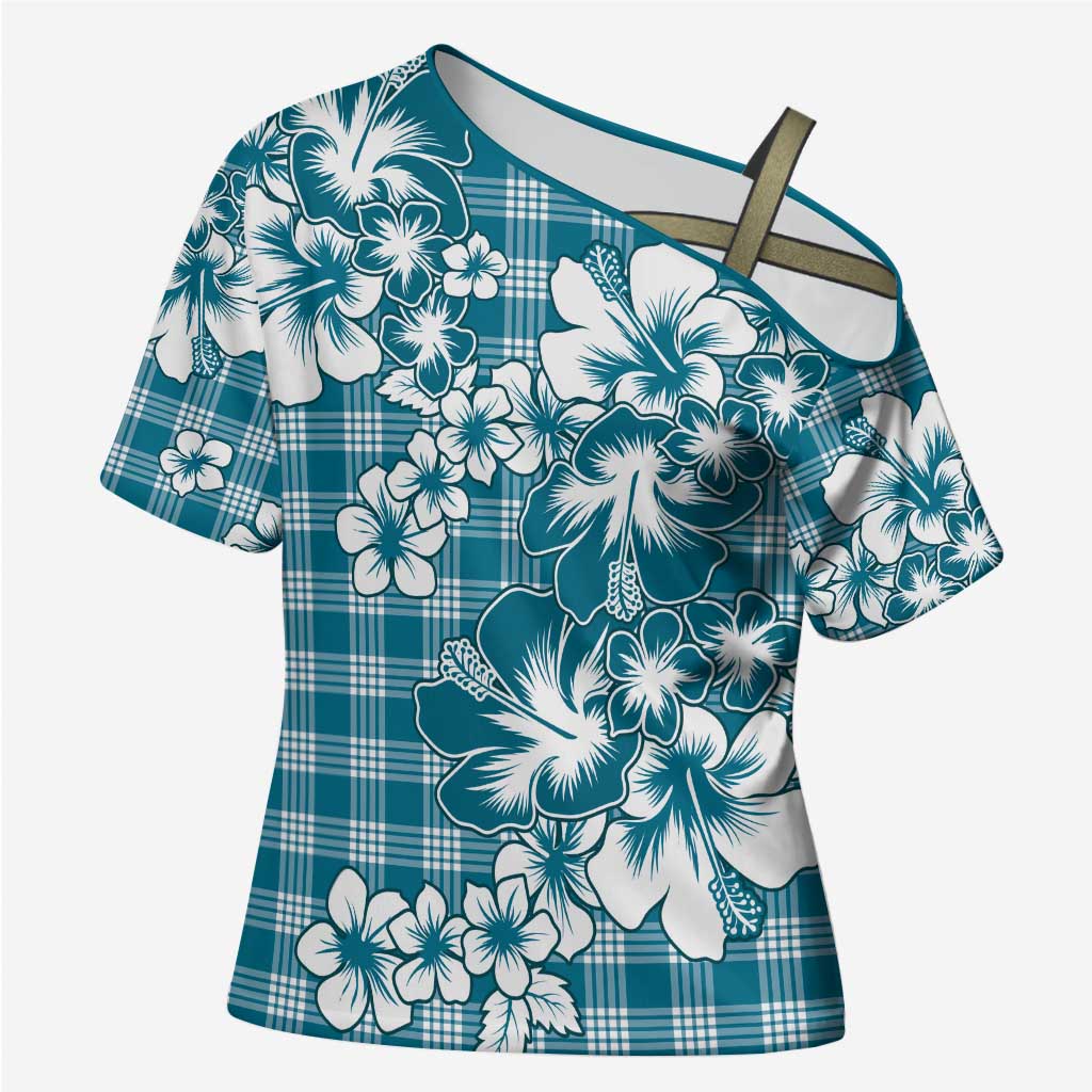 Hibiscus Pakala Ocean Depths Blue Cross Shoulder Shirt Tropical Floral Stylized - Polynesian Pride