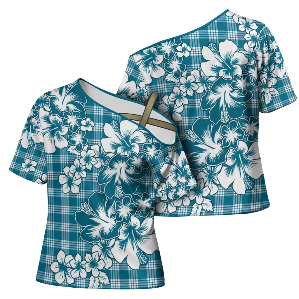 Hibiscus Pakala Ocean Depths Blue Cross Shoulder Shirt Tropical Floral Stylized - Polynesian Pride