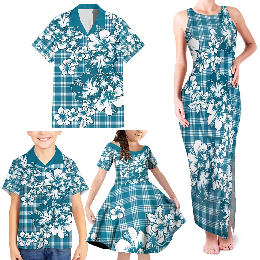 Hibiscus Pakala Ocean Depths Blue Family Matching Tank Maxi Dress and Hawaiian Shirt Tropical Floral Stylized - Polynesian Pride