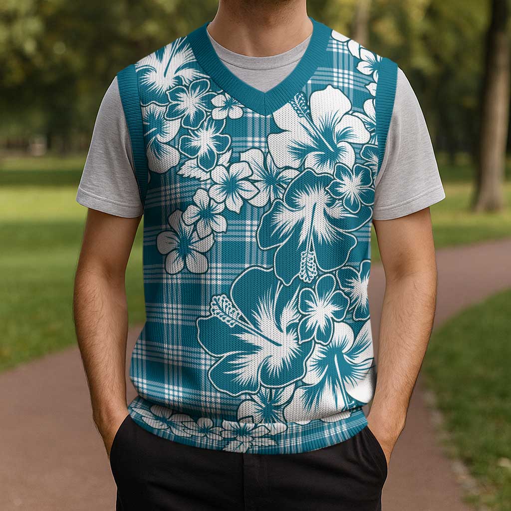 Hibiscus Pakala Ocean Depths Blue Christmas Knitted V-Neck Vest Tropical Floral Stylized - Polynesian Pride