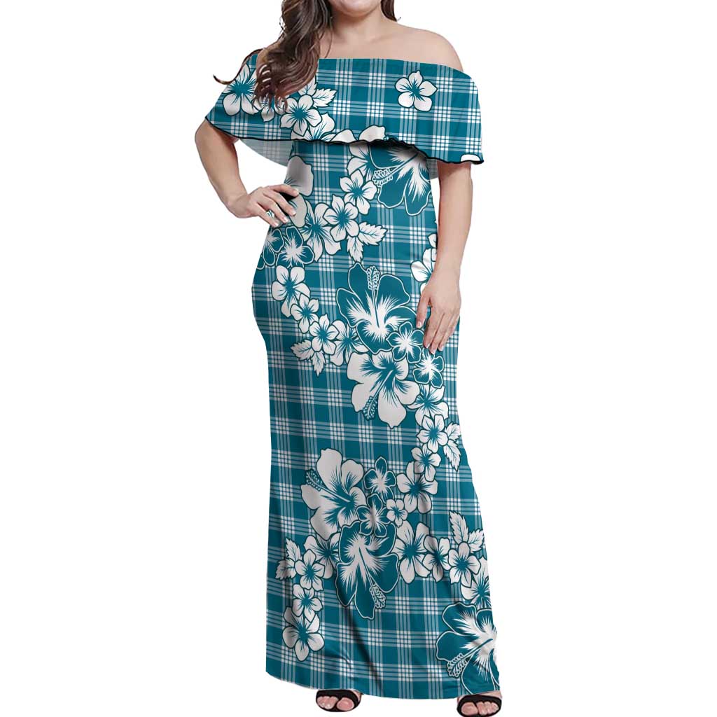 Hibiscus Pakala Ocean Depths Blue Off Shoulder Maxi Dress Tropical Floral Stylized - Polynesian Pride