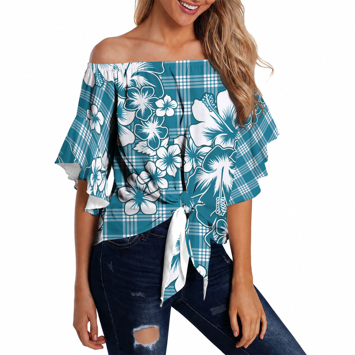 Hibiscus Pakala Ocean Depths Blue Off Shoulder Wrap Waist Top Tropical Floral Stylized LT01 - Polynesian Pride