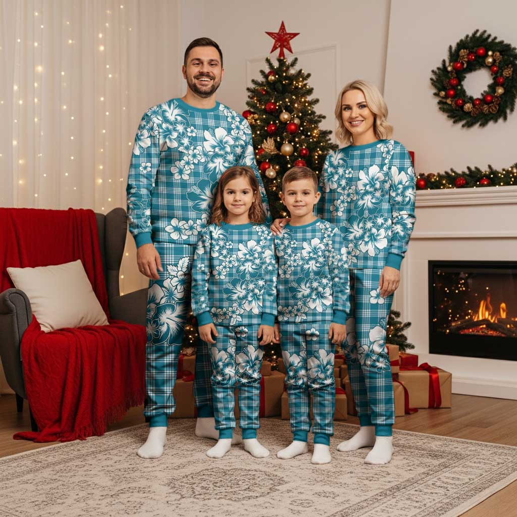 Hibiscus Pakala Ocean Depths Blue Christmas Pajama Set Tropical Floral Stylized - Polynesian Pride