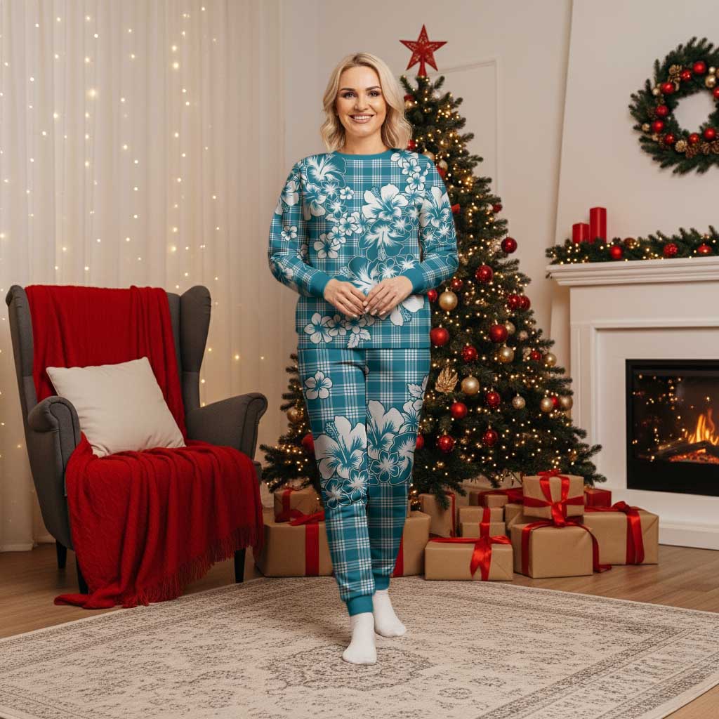 Hibiscus Pakala Ocean Depths Blue Christmas Pajama Set Tropical Floral Stylized - Polynesian Pride