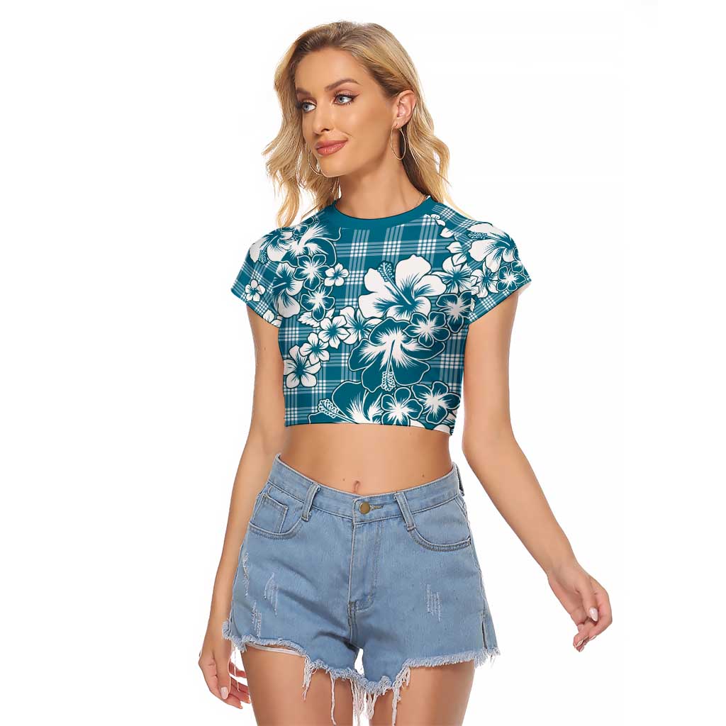 Hibiscus Pakala Ocean Depths Blue Raglan Cropped T Shirt Tropical Floral Stylized LT01 Female Blue - Polynesian Pride