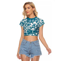 Hibiscus Pakala Ocean Depths Blue Raglan Cropped T Shirt Tropical Floral Stylized LT01 Female Blue - Polynesian Pride
