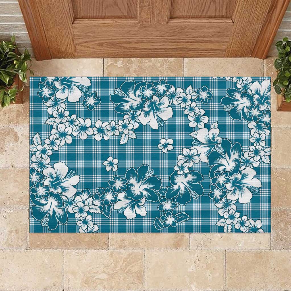 Hibiscus Pakala Ocean Depths Blue Rubber Doormat Tropical Floral Stylized - Polynesian Pride