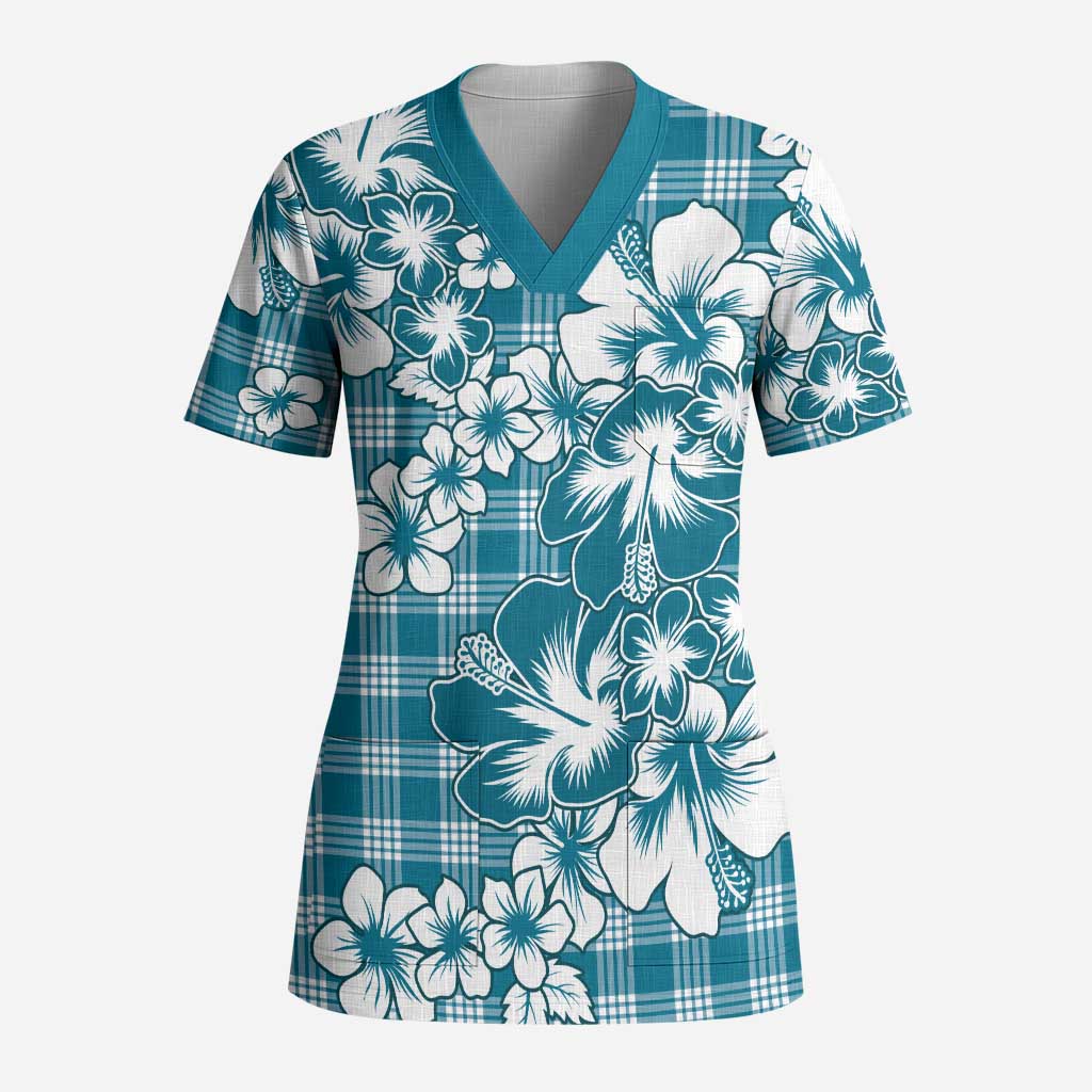 Hibiscus Pakala Ocean Depths Blue Scrub Top Tropical Floral Stylized LT01 Adult Blue - Polynesian Pride