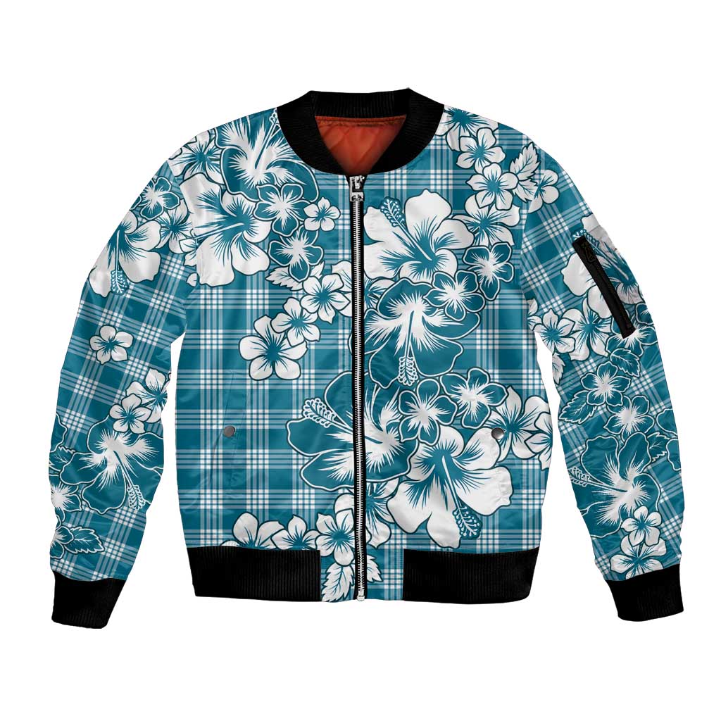Hibiscus Pakala Ocean Depths Blue Sleeve Zip Bomber Jacket Tropical Floral Stylized - Polynesian Pride