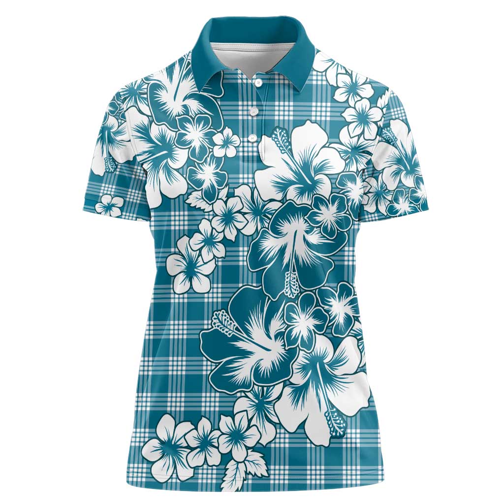 Hibiscus Pakala Ocean Depths Blue Women Polo Shirt Tropical Floral Stylized - Polynesian Pride