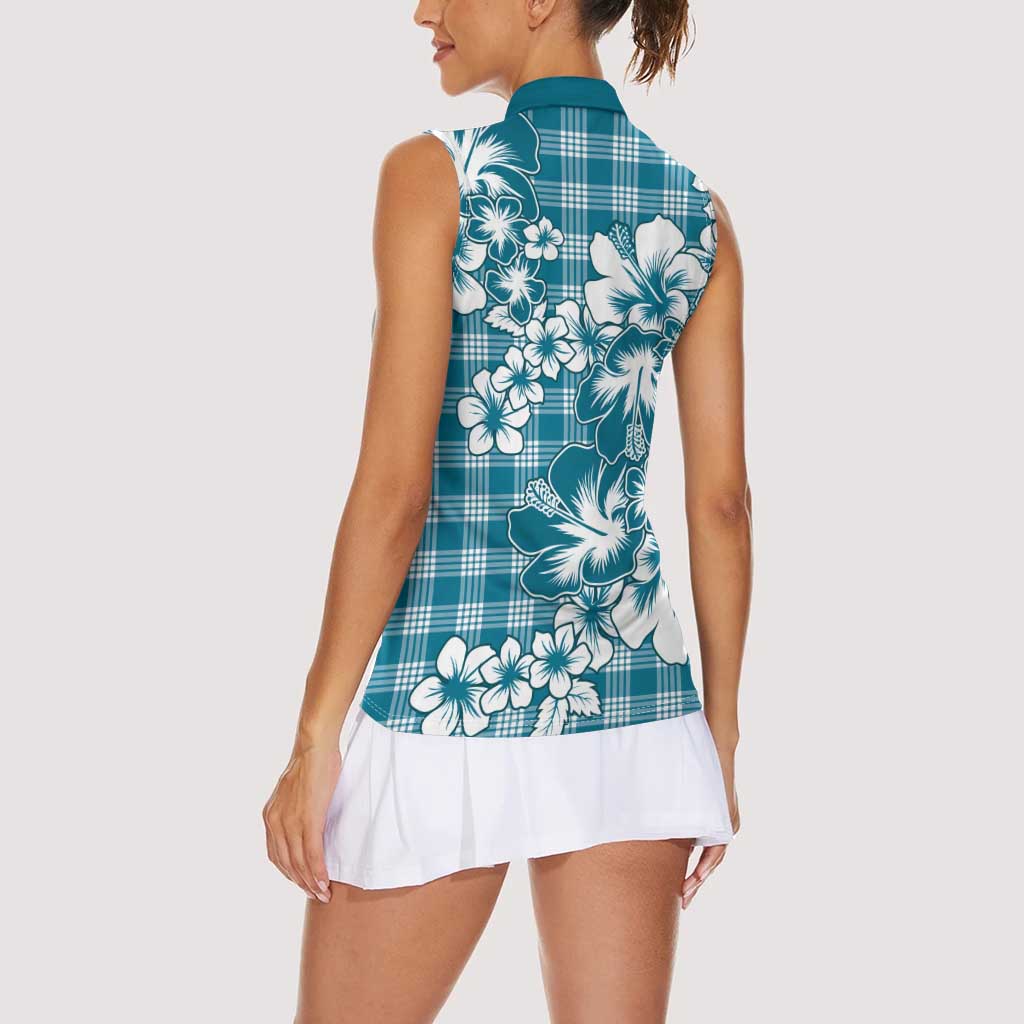 Hibiscus Pakala Ocean Depths Blue Women Sleeveless Polo Shirt Tropical Floral Stylized - Polynesian Pride