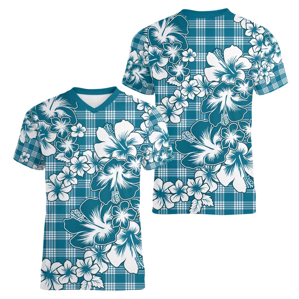 Hibiscus Pakala Ocean Depths Blue Women V-Neck T-Shirt Tropical Floral Stylized - Polynesian Pride