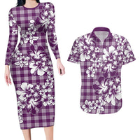Hibiscus Pakala Sweetie Purple Couples Matching Long Sleeve Bodycon Dress and Hawaiian Shirt Tropical Floral Stylized - Polynesian Pride