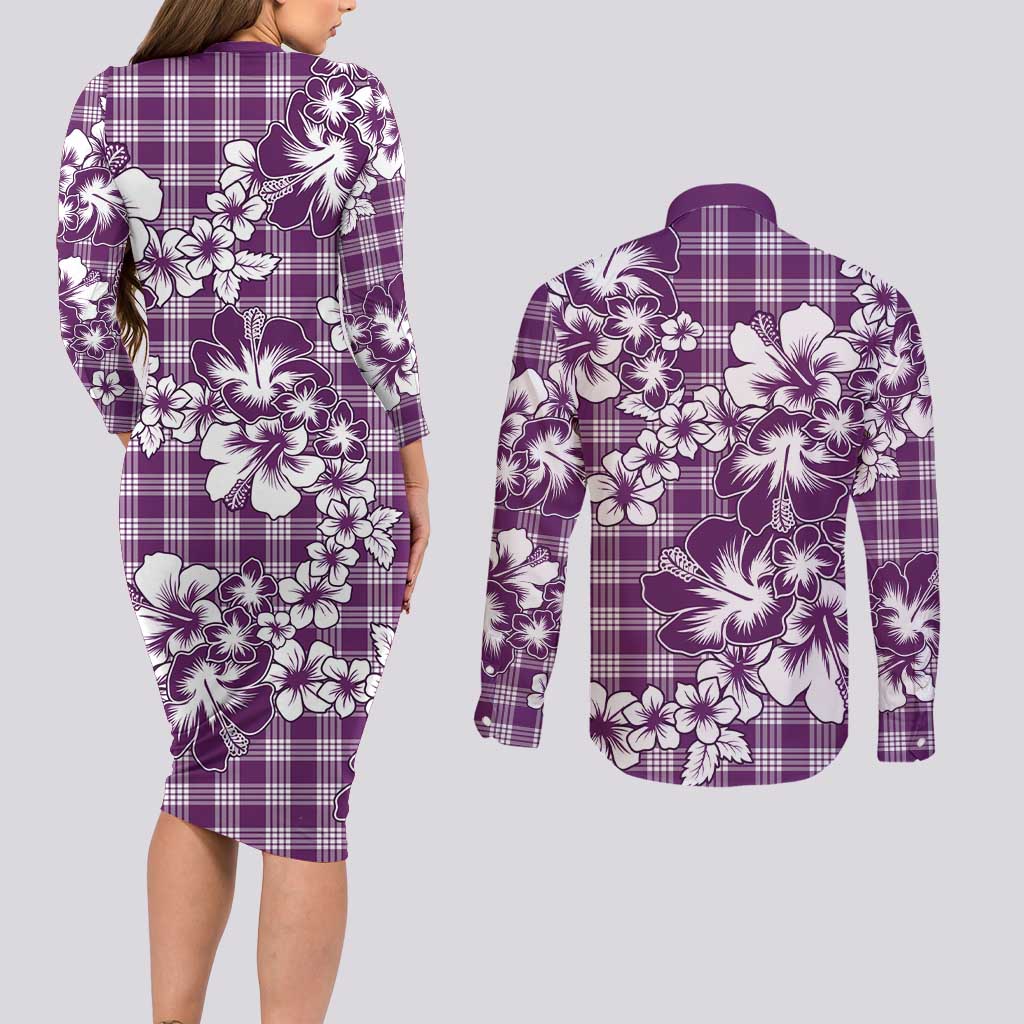 Hibiscus Pakala Sweetie Purple Couples Matching Long Sleeve Bodycon Dress and Long Sleeve Button Shirt Tropical Floral Stylized - Polynesian Pride