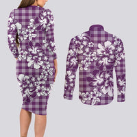 Hibiscus Pakala Sweetie Purple Couples Matching Long Sleeve Bodycon Dress and Long Sleeve Button Shirt Tropical Floral Stylized - Polynesian Pride