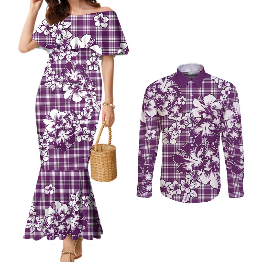 Hibiscus Pakala Sweetie Purple Couples Matching Mermaid Dress and Long Sleeve Button Shirt Tropical Floral Stylized - Polynesian Pride