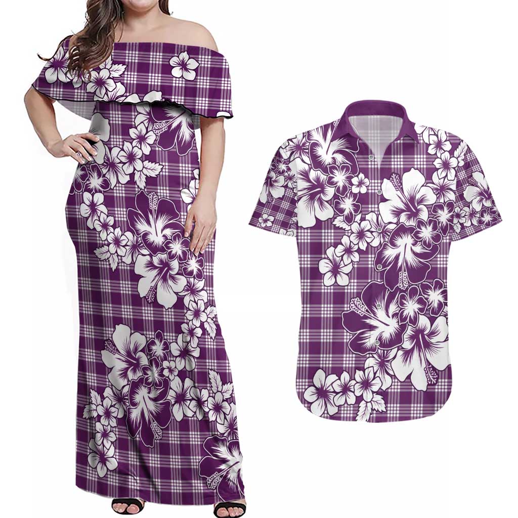 Hibiscus Pakala Sweetie Purple Couples Matching Off Shoulder Maxi Dress and Hawaiian Shirt Tropical Floral Stylized - Polynesian Pride