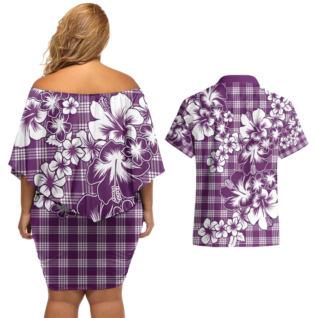 Hibiscus Pakala Sweetie Purple Couples Matching Off Shoulder Short Dress and Hawaiian Shirt Tropical Floral Stylized - Polynesian Pride