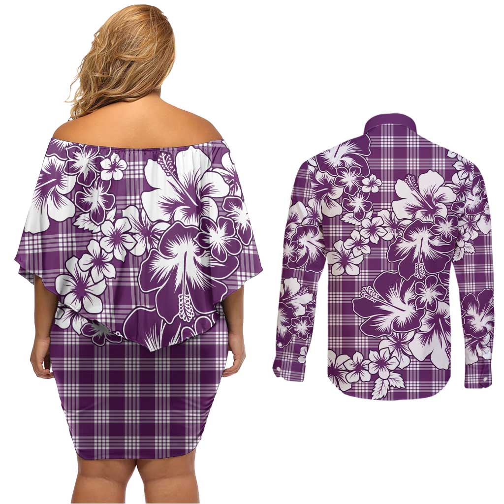 Hibiscus Pakala Sweetie Purple Couples Matching Off Shoulder Short Dress and Long Sleeve Button Shirt Tropical Floral Stylized - Polynesian Pride