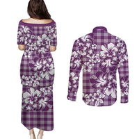 Hibiscus Pakala Sweetie Purple Couples Matching Puletasi and Long Sleeve Button Shirt Tropical Floral Stylized - Polynesian Pride