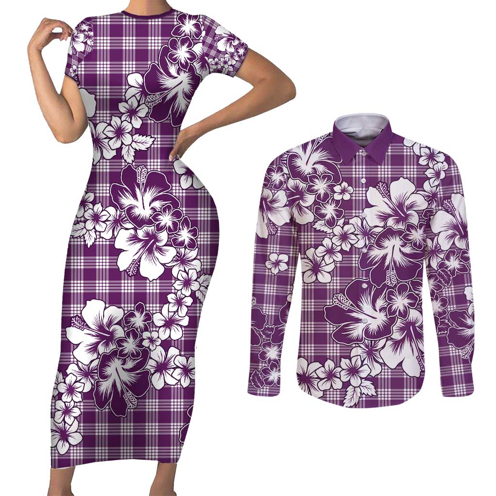 Hibiscus Pakala Sweetie Purple Couples Matching Short Sleeve Bodycon Dress and Long Sleeve Button Shirt Tropical Floral Stylized - Polynesian Pride