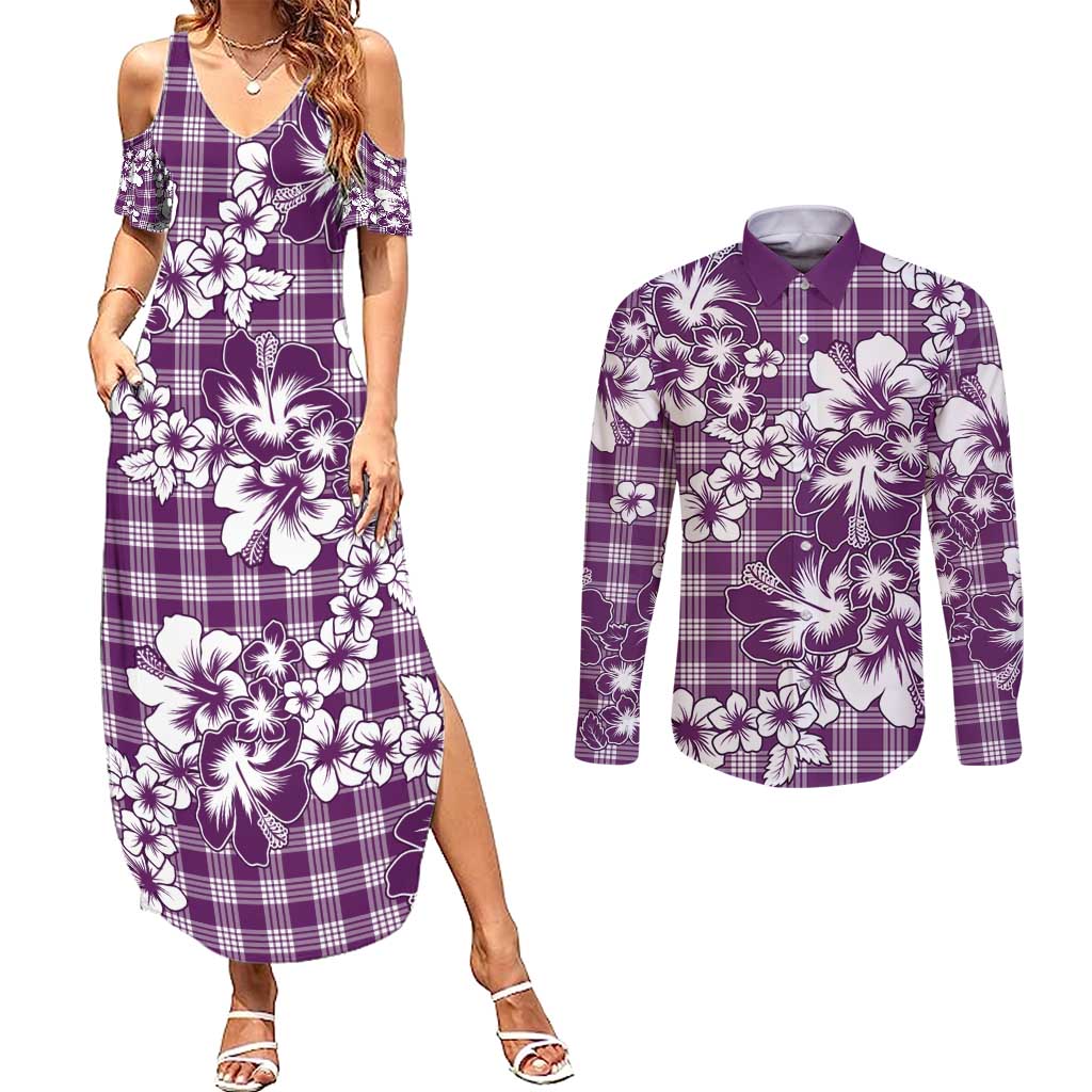 Hibiscus Pakala Sweetie Purple Couples Matching Summer Maxi Dress and Long Sleeve Button Shirt Tropical Floral Stylized - Polynesian Pride