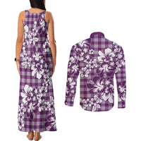 Hibiscus Pakala Sweetie Purple Couples Matching Tank Maxi Dress and Long Sleeve Button Shirt Tropical Floral Stylized - Polynesian Pride
