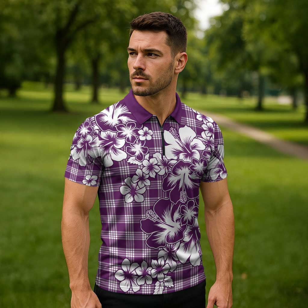 Hibiscus Pakala Sweetie Purple Zipper Polo Shirt Tropical Floral Stylized - Polynesian Pride