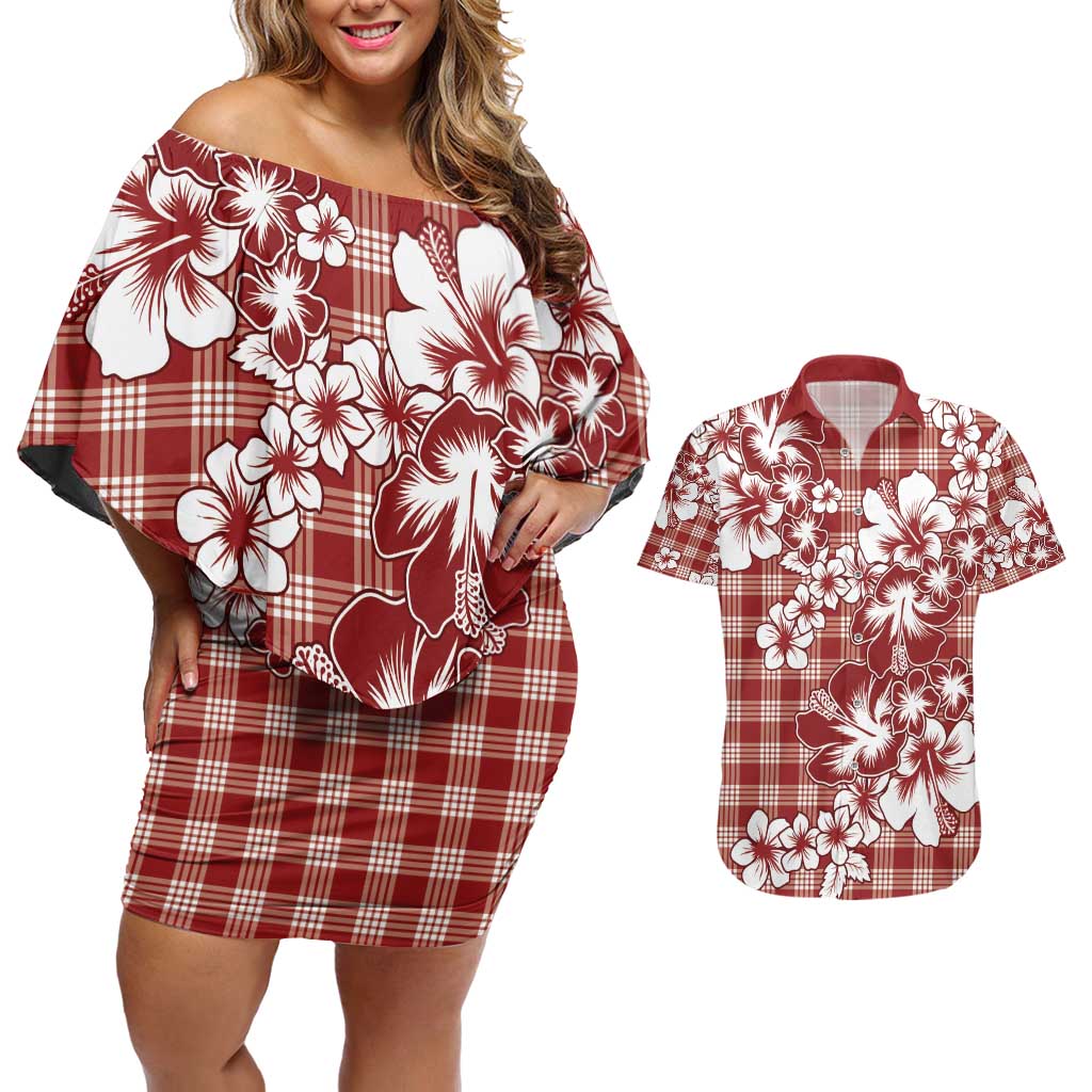 Hibiscus Pakala Fantasy Red Couples Matching Off Shoulder Short Dress and Hawaiian Shirt Tropical Floral Stylized - Polynesian Pride