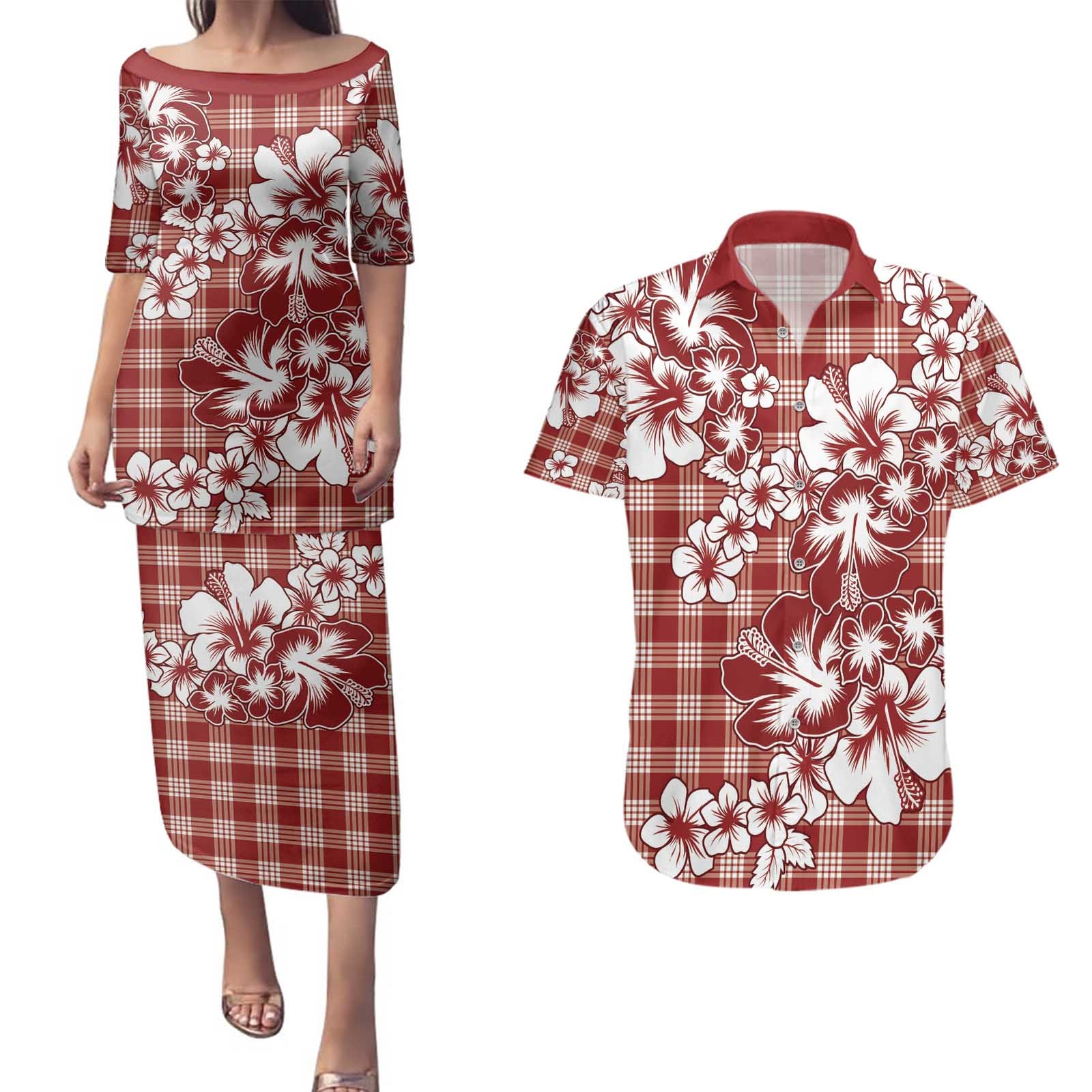 Hibiscus Pakala Fantasy Red Couples Matching Puletasi and Hawaiian Shirt Tropical Floral Stylized LT01 Red - Polynesian Pride