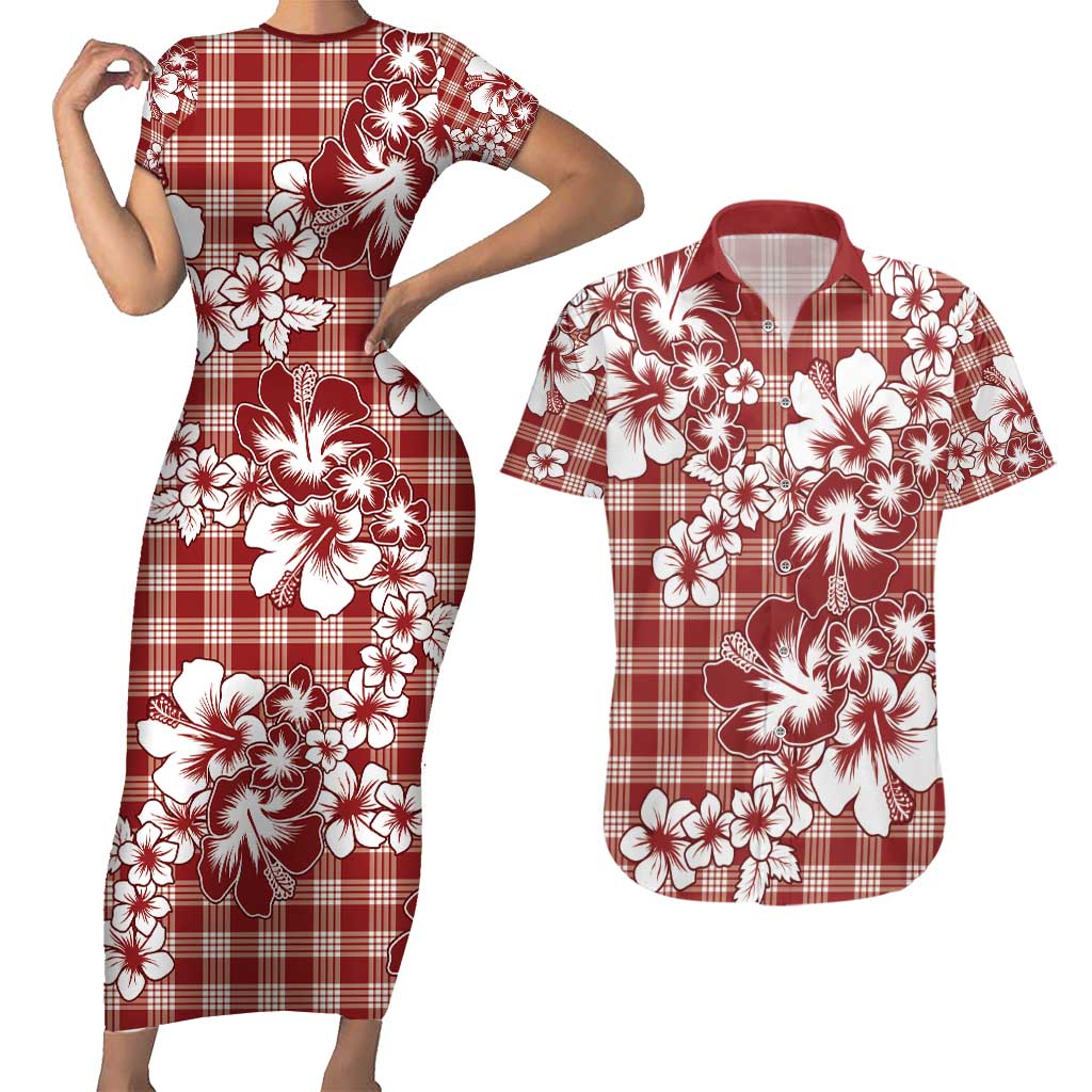 Hibiscus Pakala Fantasy Red Couples Matching Short Sleeve Bodycon Dress and Hawaiian Shirt Tropical Floral Stylized - Polynesian Pride