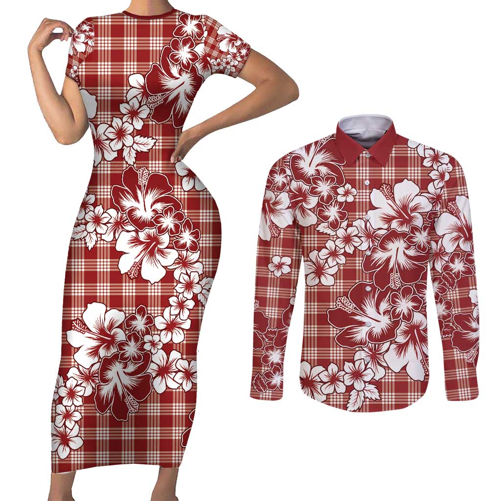 Hibiscus Pakala Fantasy Red Couples Matching Short Sleeve Bodycon Dress and Long Sleeve Button Shirt Tropical Floral Stylized - Polynesian Pride
