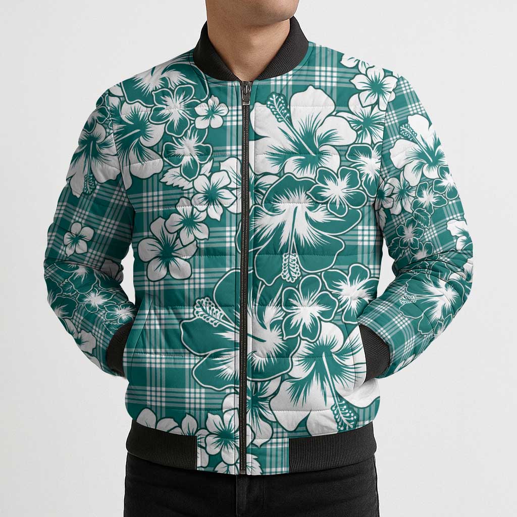 Hibiscus Pakala Aqua Teal Bomber Puffer Jacket Tropical Floral Stylized - Polynesian Pride