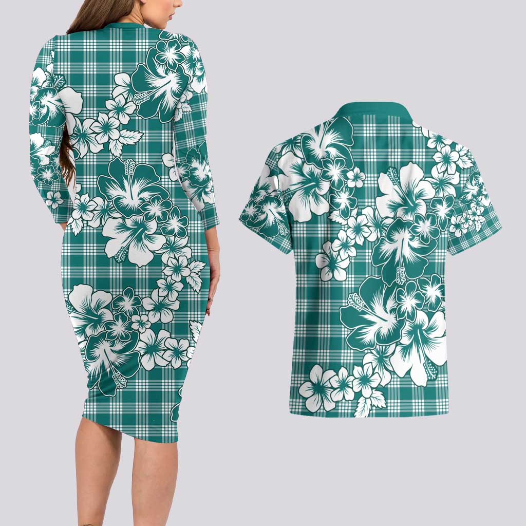 Hibiscus Pakala Aqua Teal Couples Matching Long Sleeve Bodycon Dress and Hawaiian Shirt Tropical Floral Stylized - Polynesian Pride