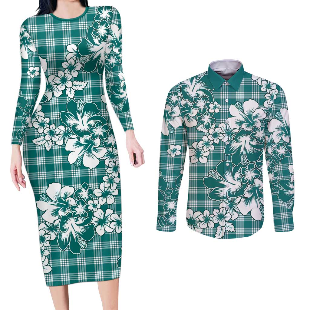 Hibiscus Pakala Aqua Teal Couples Matching Long Sleeve Bodycon Dress and Long Sleeve Button Shirt Tropical Floral Stylized - Polynesian Pride