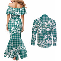 Hibiscus Pakala Aqua Teal Couples Matching Mermaid Dress and Long Sleeve Button Shirt Tropical Floral Stylized - Polynesian Pride
