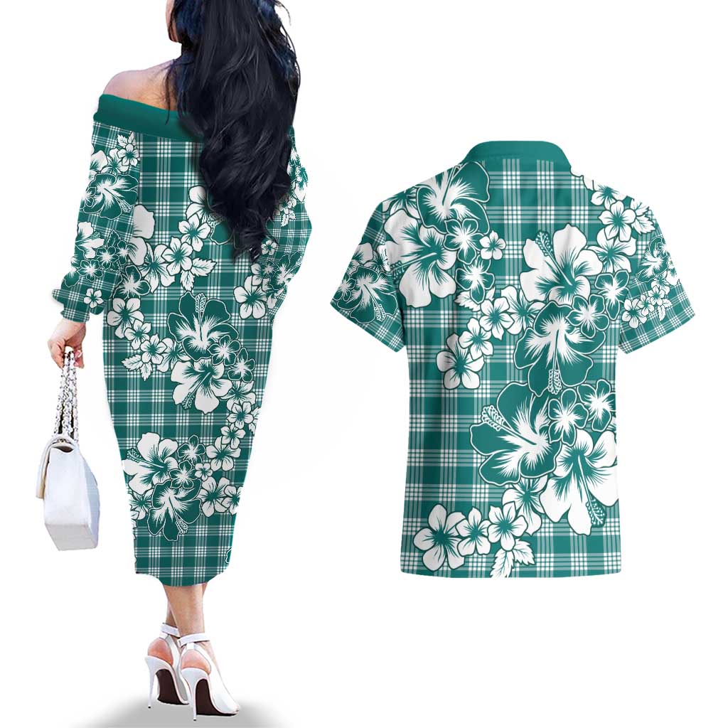 Hibiscus Pakala Aqua Teal Couples Matching Off The Shoulder Long Sleeve Dress and Hawaiian Shirt Tropical Floral Stylized - Polynesian Pride