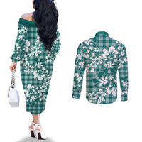 Hibiscus Pakala Aqua Teal Couples Matching Off The Shoulder Long Sleeve Dress and Long Sleeve Button Shirt Tropical Floral Stylized - Polynesian Pride