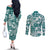 Hibiscus Pakala Aqua Teal Couples Matching Off The Shoulder Long Sleeve Dress and Long Sleeve Button Shirt Tropical Floral Stylized - Polynesian Pride