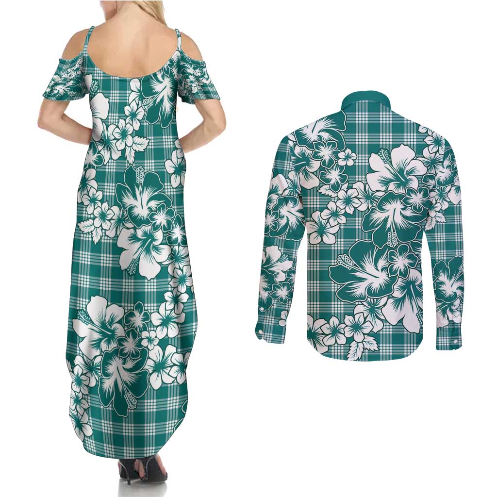 Hibiscus Pakala Aqua Teal Couples Matching Summer Maxi Dress and Long Sleeve Button Shirt Tropical Floral Stylized - Polynesian Pride