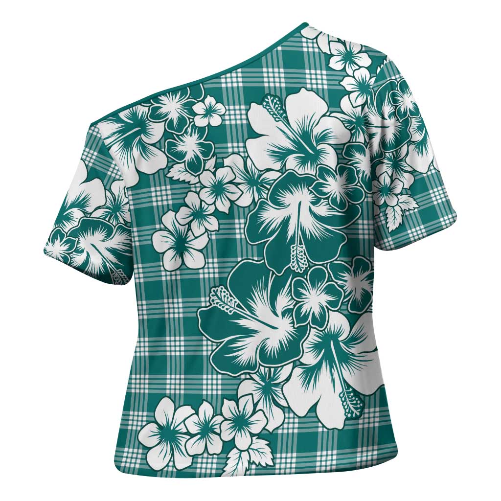Hibiscus Pakala Aqua Teal Cross Shoulder Shirt Tropical Floral Stylized - Polynesian Pride