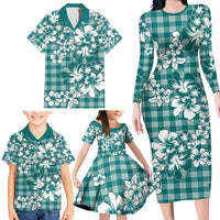Hibiscus Pakala Aqua Teal Family Matching Long Sleeve Bodycon Dress and Hawaiian Shirt Tropical Floral Stylized - Polynesian Pride