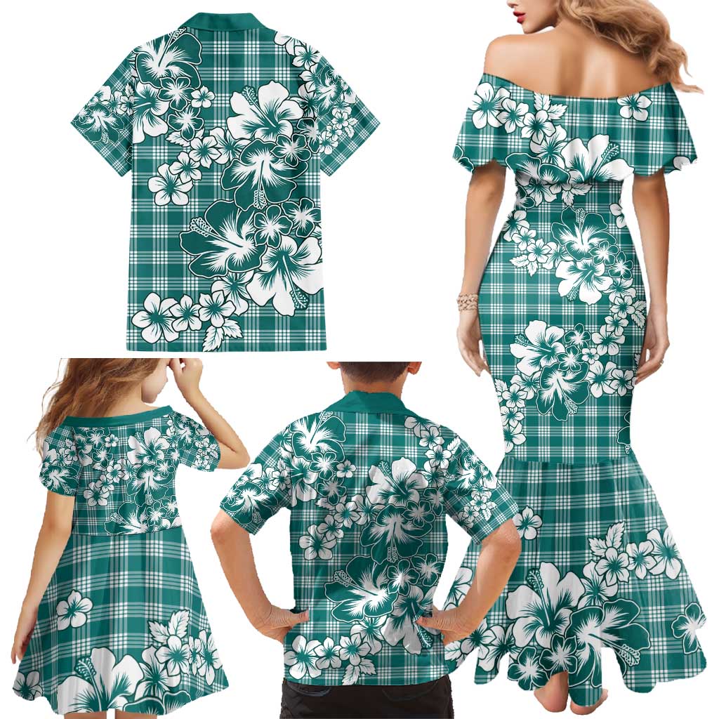 Hibiscus Pakala Aqua Teal Family Matching Mermaid Dress and Hawaiian Shirt Tropical Floral Stylized - Polynesian Pride