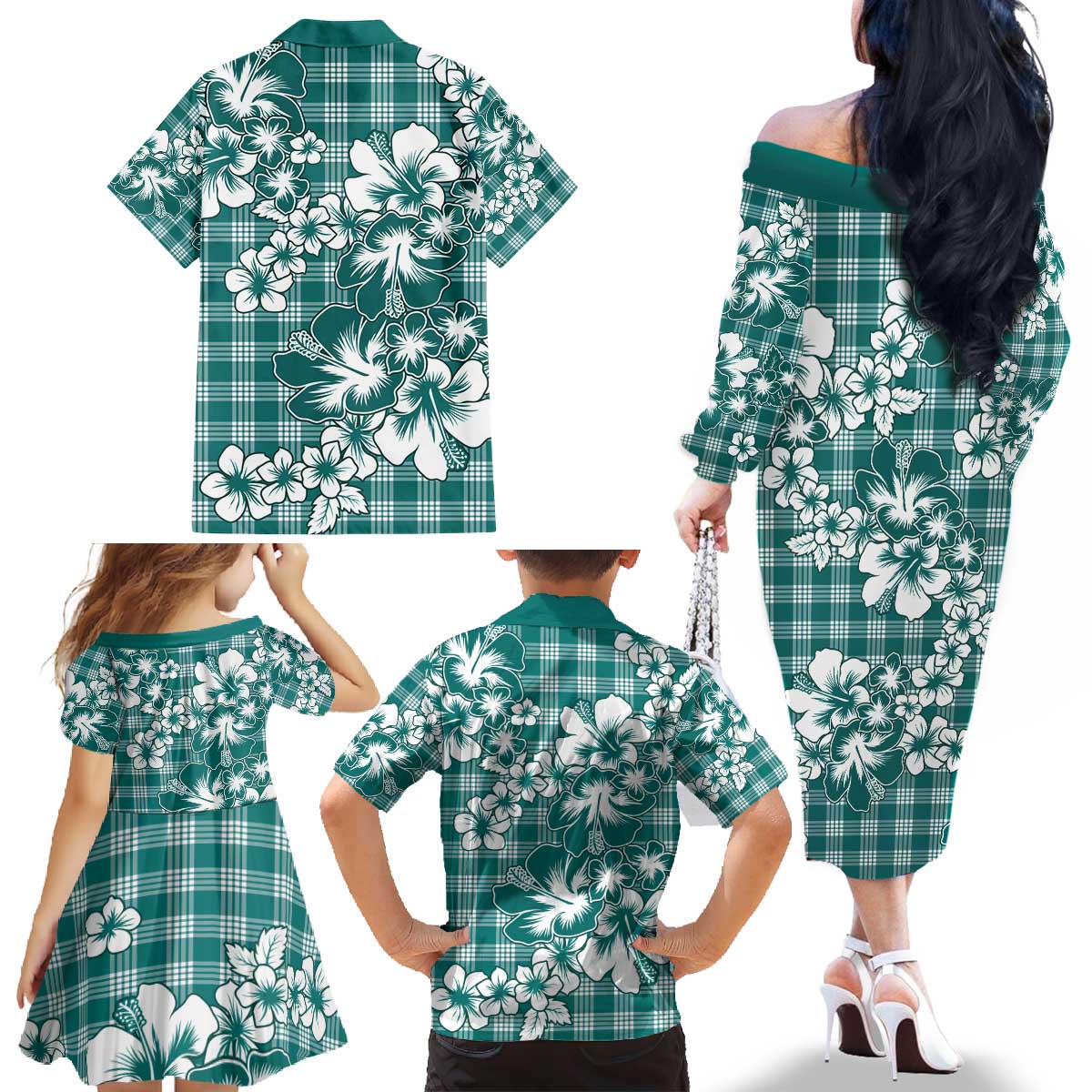 Hibiscus Pakala Aqua Teal Family Matching Off The Shoulder Long Sleeve Dress and Hawaiian Shirt Tropical Floral Stylized - Polynesian Pride