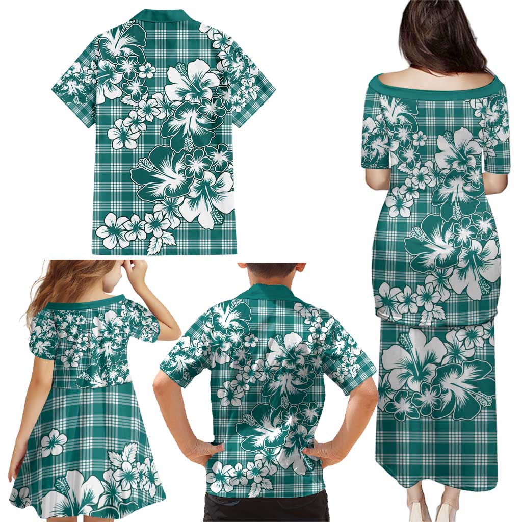 Hibiscus Pakala Aqua Teal Family Matching Puletasi and Hawaiian Shirt Tropical Floral Stylized - Polynesian Pride
