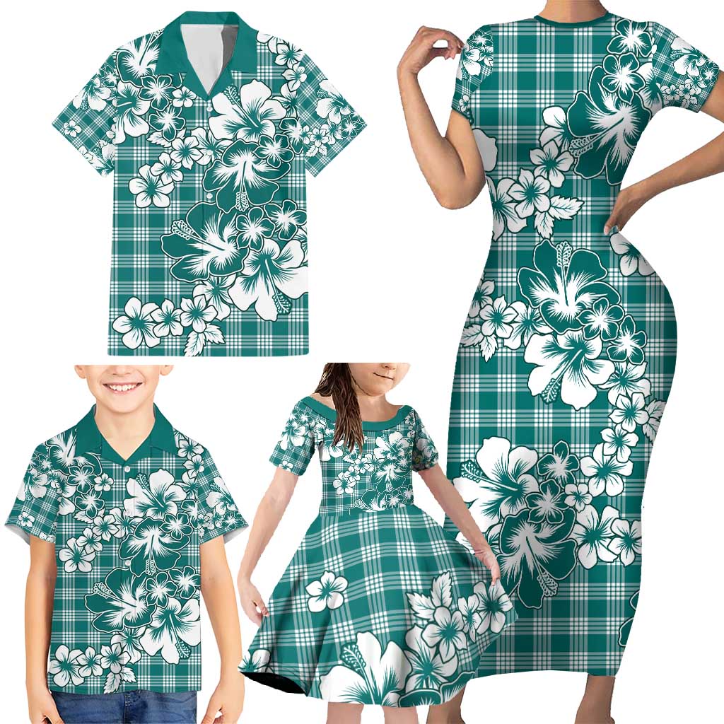 Hibiscus Pakala Aqua Teal Family Matching Short Sleeve Bodycon Dress and Hawaiian Shirt Tropical Floral Stylized - Polynesian Pride