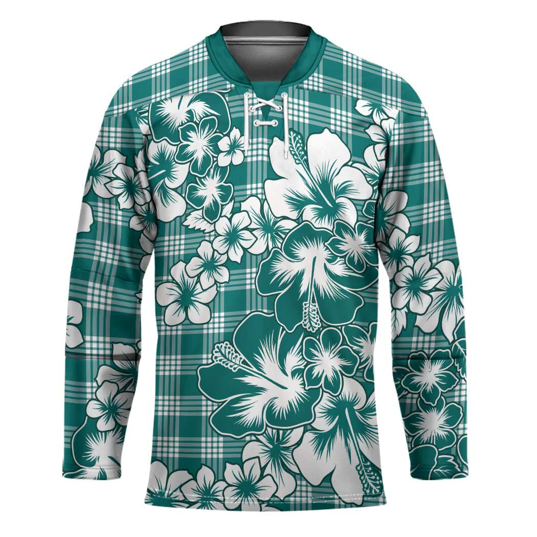 Hibiscus Pakala Aqua Teal Hockey Jersey Tropical Floral Stylized - Polynesian Pride