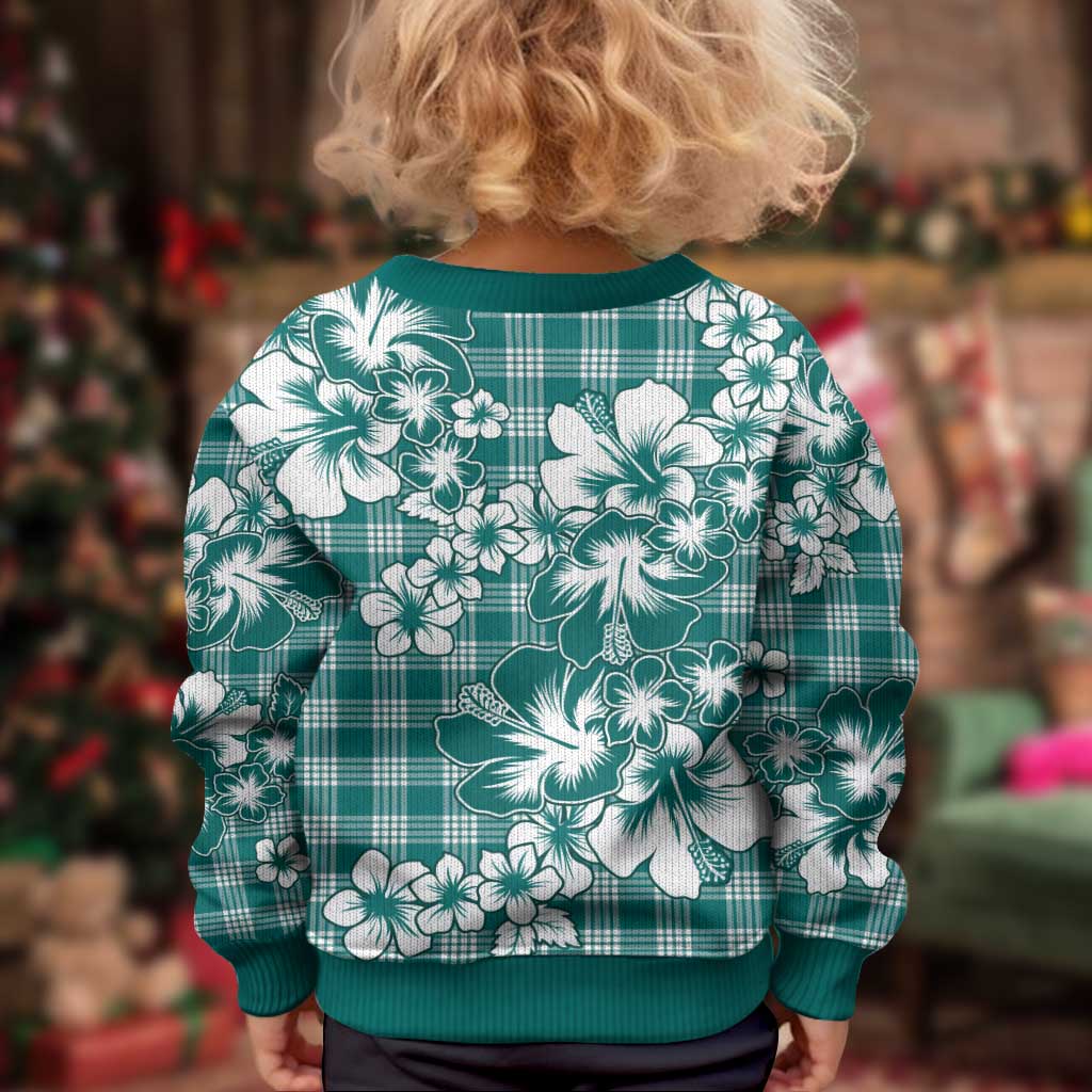 Hibiscus Pakala Aqua Teal Kid Ugly Christmas Sweater Tropical Floral Stylized - Polynesian Pride