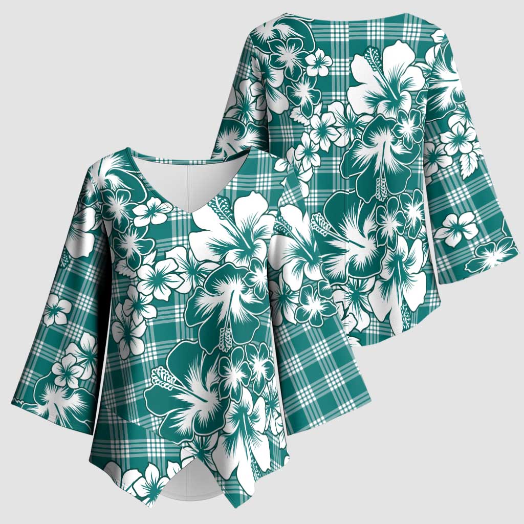 Hibiscus Pakala Aqua Teal Kimono Sleeve Blouse Tropical Floral Stylized - Polynesian Pride